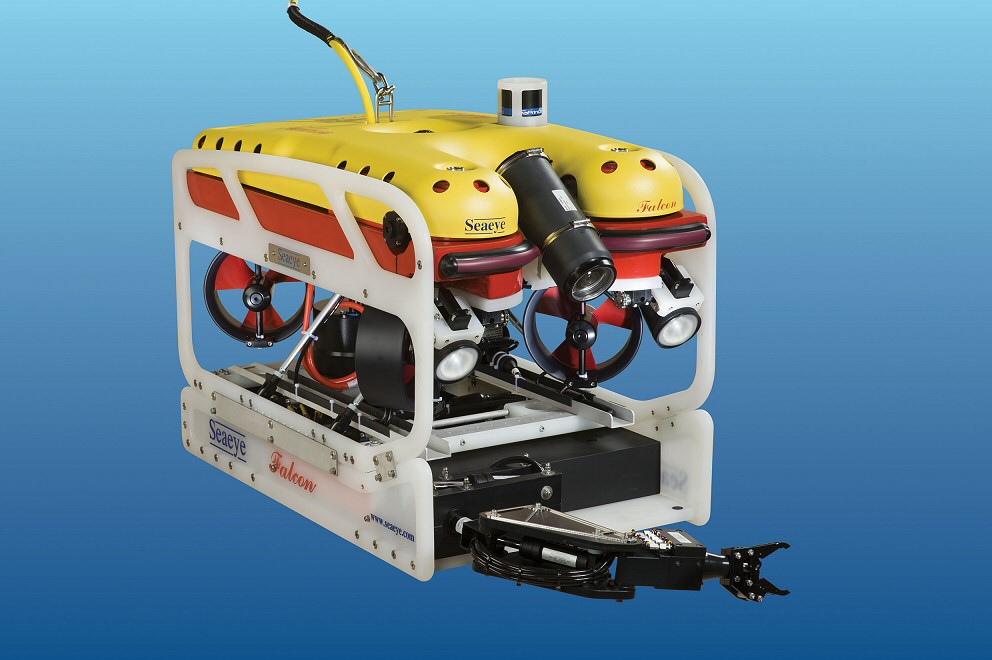 SeaView Systems' Saab Seaeye Falcon underwater robotic remote operated vehicle (ROV) is shown with a manipulator arm skid.