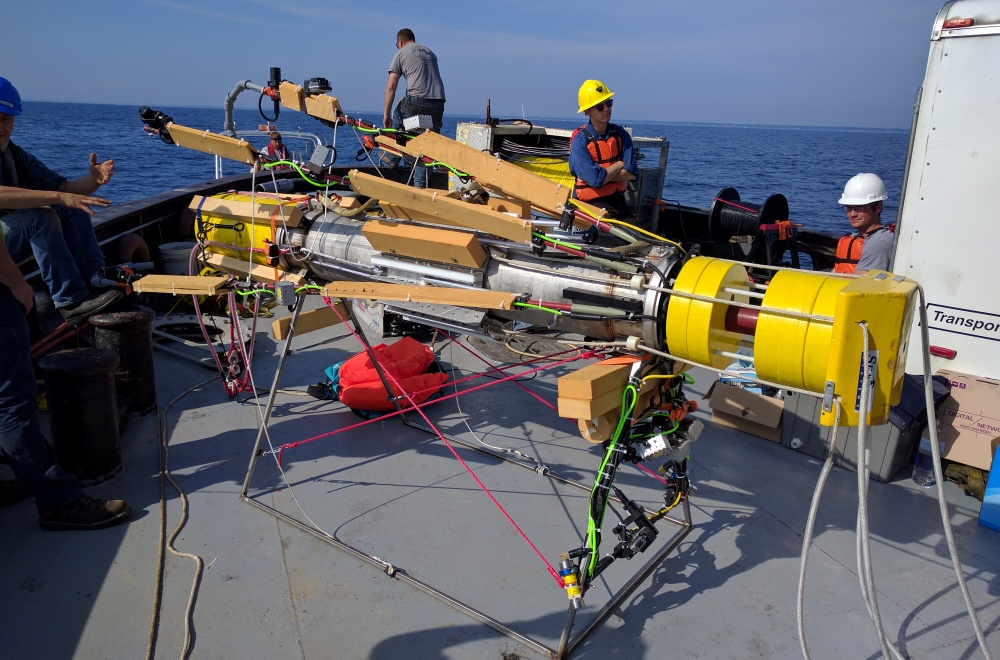 The SeaView Systems Titan underwater robotic remote operated vehicle (ROV) is shown being deployed in Port Huron, Michigan.