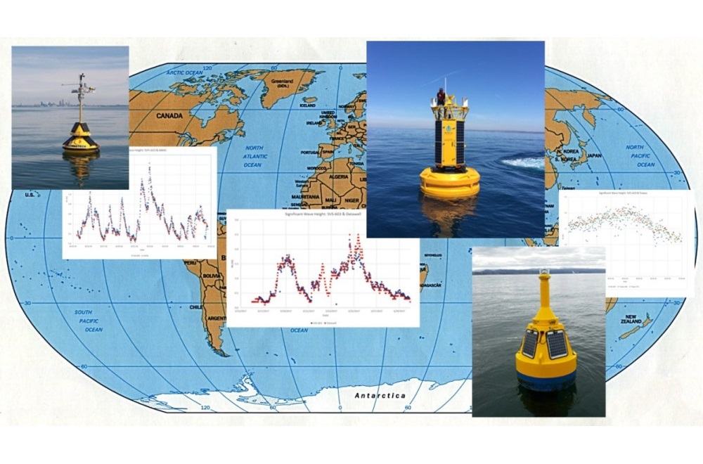 A map is shown highlighting data buoys utilizing the SeaView Systems SVS-603 wave sensor across the globe.
