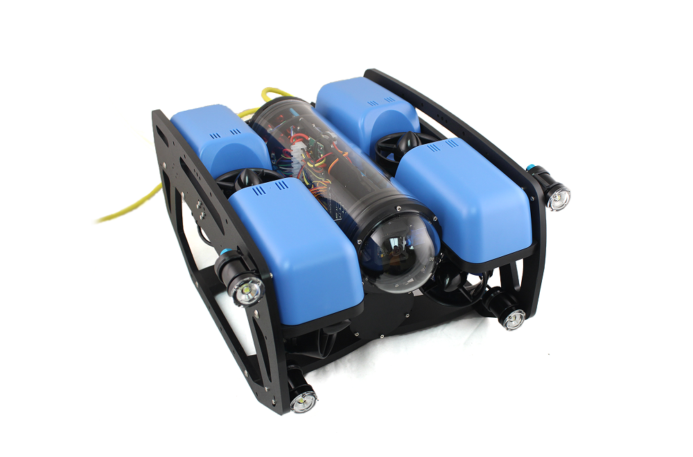 SeaView Systems' Blue Robotics BlueROV2 underwater robotic remote operated vehicle (ROV) is shown with the quad lumen lights upgrade.