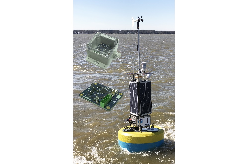 The SeaView Systems SVS-603HR wave sensor, in an enclosure box and as a bare board, is shown alongside a Fondriest data buoy.