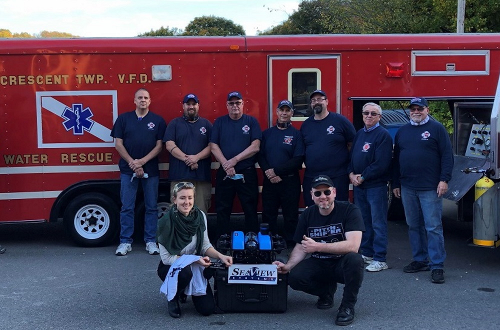 Members of the Crescent Township Pennsylvania Fire and Rescue department are shown with their new Blue Robotics BlueROV2 from SeaView Systems.
