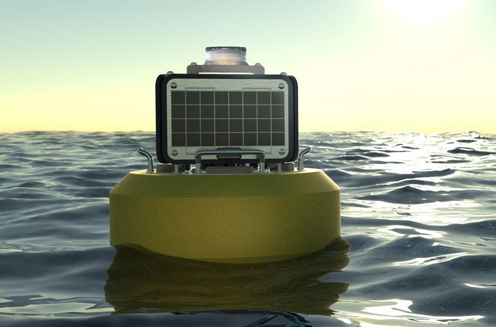 A NexSens CB-25 data buoy, featuring the SeaView SVS-603HR wave sensor, is shown in one of the Great Lakes.